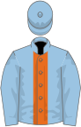 Light blue, orange panel, light blue sleeves and cap