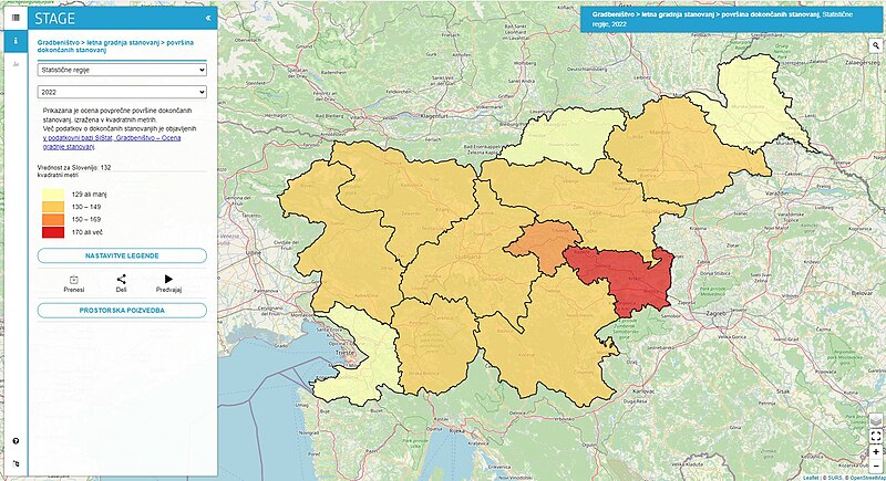 Prikazana je ocena povprečne površine dokončanih stanovanj, izražena v kvadratnih metrih.