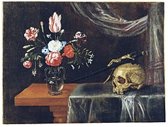 Bodegón de un jarrón de flores, una calavera y un crucifijo (c. 1650), de Catarina Ykens I, colección privada