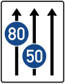 Zeichen 525-31 Fahrstreifentafel; Darstellung ohne Gegenverkehr und mit integriertem Zeichen 275 StVO: drei Fahrstreifen in Fahrtrichtung