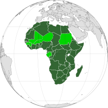 An orthographic projection of the world, highlighting the African Union and its member states (green).