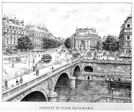 Gravure place, pont et fontaine Saint-Michel.
