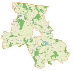 Mapa konturowa gminy wiejskiej Bartoszyce, u góry znajduje się punkt z opisem „Łoskajmy”