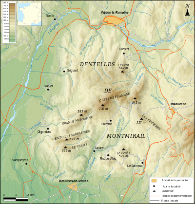 "carte des dentelles de Montirail, l'Ouvèze coulant à l'ouest du massif"