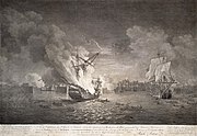 Incendie et capture des vaisseaux français lors du siège décisif de 1758, pendant la guerre de Sept Ans. La France perd définitivement la place.