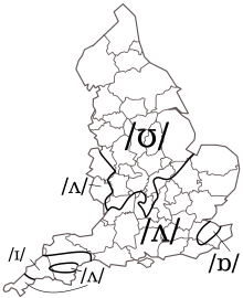 A map of England, with isoglosses showing how different regions pronounce "sun"