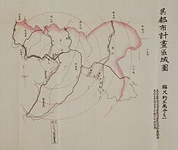 1924年呉市都市計画図。右側の河川が黒瀬川であり、河口側に広西大川、広東大川が見える。