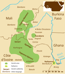 Map of the border regions of Côte d'Ivoire, Mali, Burkina Faso and Ghana containing towns, rivers and language names. A large area in the intersection between the first three countries is marked in green, the "Senufo area". The subfamily "Suppire-Mamara" is inscribed in Mali, the subfamilies Senari, Kpalaga and Tagwana-Djimini in Côte d'Ivoire and the subfamily Karaboroin a small enclave in Burkina Faso. In the border region between Côte d'Ivoire and Ghana, in the East of Bonduku, is a green area encicled with yellow colour titled "Nafaanra"