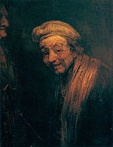 Memportreto kiel Zeŭkso, ĉirkaŭ 1662. Unu el 2 pentritaj memportretoj en kiuj Rembrandt turniĝas maldekstren.[62] Wallraf-Richartz Museum, Kolonjo