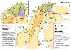 Lokasi Sápmi: garis merah gelap menunjukan batas Selatan area yang aslinya dikontrol oleh orang Sámi