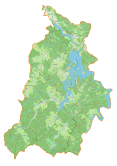 Mapa konturowa gminy Solina, na dole po lewej znajduje się punkt z opisem „Tyskowa”