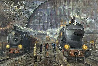 Staatsspoor-locomotieven op Amsterdam CS bij avond, geschilderd door Willem Laurens Bouwmeester