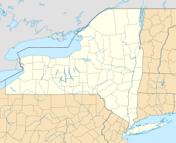 A map of New York showing rivers and county boundaries. There is a red dot at the location of Albany, south of the junction of the Hudson and Mohawk rivers