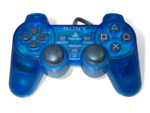 A transparent blue Sony DualShock controller.