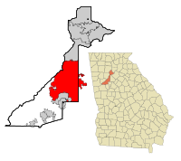 右: ジョージア州におけるフルトン郡の位置 左: フルトン郡におけるアトランタの位置の位置図