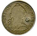 Anverso de moneda de 8 reales (plata) de Carlos III de 1774 resellada en Java.