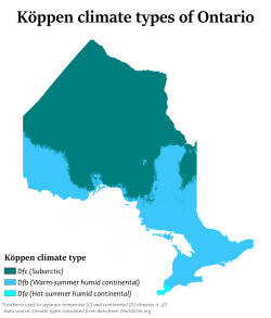 Tipos climaticos d'Ontario seguntes a clasificación climatica de Köppen.