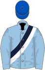 Light blue, dark blue and white sash, royal blue cap
