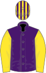 Purple, yellow sleeves, striped cap