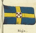 Variant de la bandera sota el domini suec, segons la nova carta d'emblemes nacionals de Johnson, 1868.