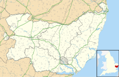 Mapa konturowa Suffolk, blisko centrum na prawo znajduje się punkt z opisem „Earl Soham”