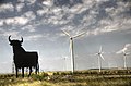 Image 38Wind turbines are typically installed in windy locations. In the image, wind power generators in Spain, near an Osborne bull. (from Wind power)