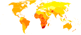 Een wereldkaart waarop Europa geel, Noord- en Zuid-Amerika grotendeels oranje en Zuid-Afrika donkerrood zijn vanwege de