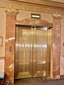 Art Deco and Neoclassical Ionic pilasters in the Severance Hall, Cleveland, US, by Walker and Weeks, 1931