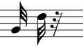 Two demisemiquavers (or thirty-second notes) - stems up and down - and a thirty-second rest