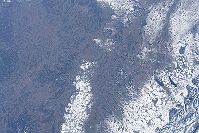 View from ISS (International Space Station) with lake Kochelsee and Isar