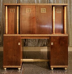 Vienna Secession Doric columns on a dresser, by Leopold Bauer, 1900–1902, various types of wood, in a temporary exhibition called Il Liberty e la rivoluzione europea delle arti at the Museum of Decorative Arts in Prague