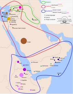 A sémi nyelvek elterjedése. A középsémi nyelvek északi részén látható a piros folttal jelölt Ugarit.