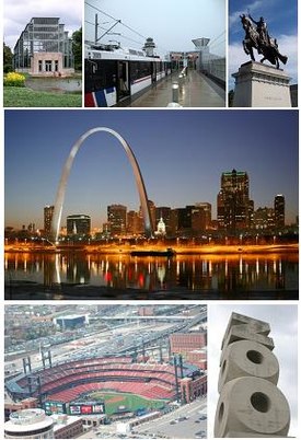 From top left: Forest Park Jewel Box, MetroLink at سینٹ لوئس لیمبرٹ انٹرنیشنل ہوائی اڈا, Apotheosis of St. Louis at the Saint Louis Art Museum, The Gateway Arch and the St. Louis skyline, Busch Stadium, and the St. Louis Zoo