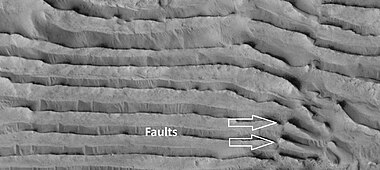 Faults in layers, as seen by HiRise under HiWish program Image is about 1 km across.