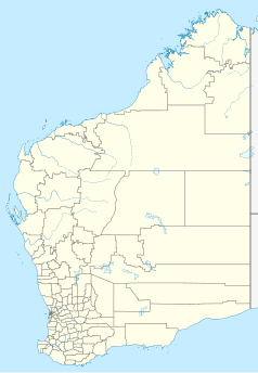 Mapa konturowa Australii Zachodniej, na dole po lewej znajduje się punkt z opisem „Wongan Hills”