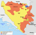 Kartet etter Daytonavtalen: Republika Srbska (brunt), Føderasjonen Bosnia-Hercegovina (gult) og Brčko-distriktet (blått).