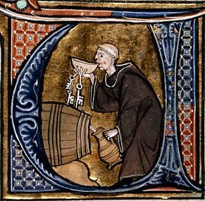 Menih-kletar pokuša vino iz sodčka, medtem ko napolni vrč. Iz Li Livres dou Santé avtorja Aldobrandina iz Siene (Francija, konec 13. stoletja).