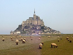 A La Manche árapálysíkságából kiemelkedő Mont-Saint-Michel apálykor