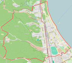 Mapa konturowa Sopotu, blisko centrum na prawo znajduje się punkt z opisem „Dolny Sopot”