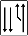 Zeichen 542-11 Aufweitungstafel; Darstellung mit Gegenverkehr: ein vorhandener und ein zusätzlicher Fahrstreifen links in Fahrtrichtung, zwei Fahrstreifen im Gegenverkehr