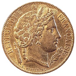 Avers d'une pièce française de 20 francs « Cérès » de 1851 (Deuxième République), gravée par Louis Merley. (définition réelle 1 620 × 1 620)