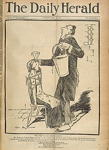 Political cartoon from 1913 depicting McKenna force feeding a nameless suffragette
