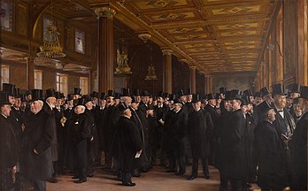 Da bolsa de valores de Copenhague (1895), pintura a óleo por Peder Severin Krøyer. A pintura mede 254 x 409 cm e é a maior tela do pintor. Está exposta no edifício da bolsa de valores de Copenhague, Dinamarca. (definição 4 702 × 2 920)