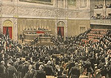 Dessin en couleur représentant des hommes en costumes trois pièces s’agitant dans un hémicycle