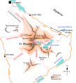 Croquis del massís de Snowdon:Llegenda·gris: carenes·línies vermelles:camins·línies taronges: carreteres·línia grisa de punts: Snowdon Mountain Railway