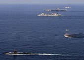 Miami steams through the Arabian Sea accompanied by the USS Enterprise (CVN-65), USNS Supply (T-AOE-6), and USS Gettysburg (CG-64). (11 November 2007)