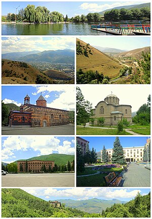 From top left: Vanadzor Central Park Vanadzor skyline • Pambak River Church of the Holy Mother of God • Russian Church of the Nativity Lori Province administration • Hayk Square Pambak Mountains around Vanadzor