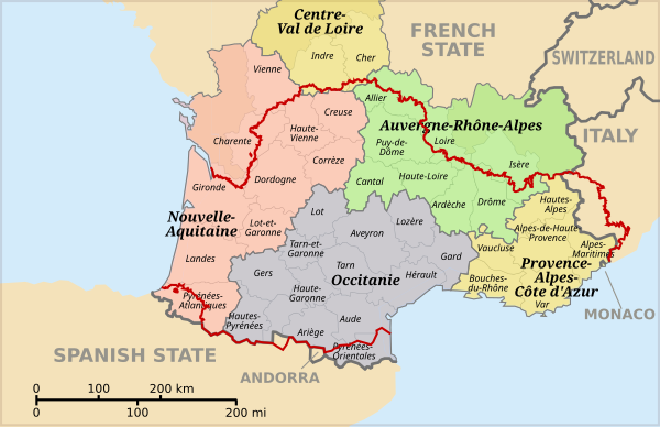 Një hartë që tregon shtrirjen e Ocitanisë të mbivendosur mbi rajonet moderne administrative dhe departamentet e Francës Jugore