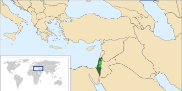 Israel including annexed territories (in dark green) on the map of the Middle East