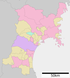 Mapa konturowa Miyagi, na dole nieco na lewo znajduje się punkt z opisem „Zaō”
